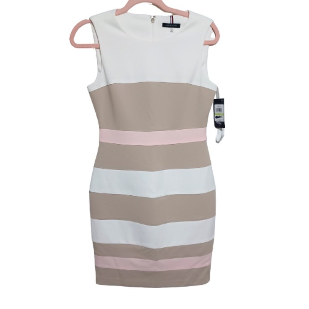 Tommy Hilfiger Women's Pink Striped Colorblock Crewneck Dress Petite Size 4 NWT